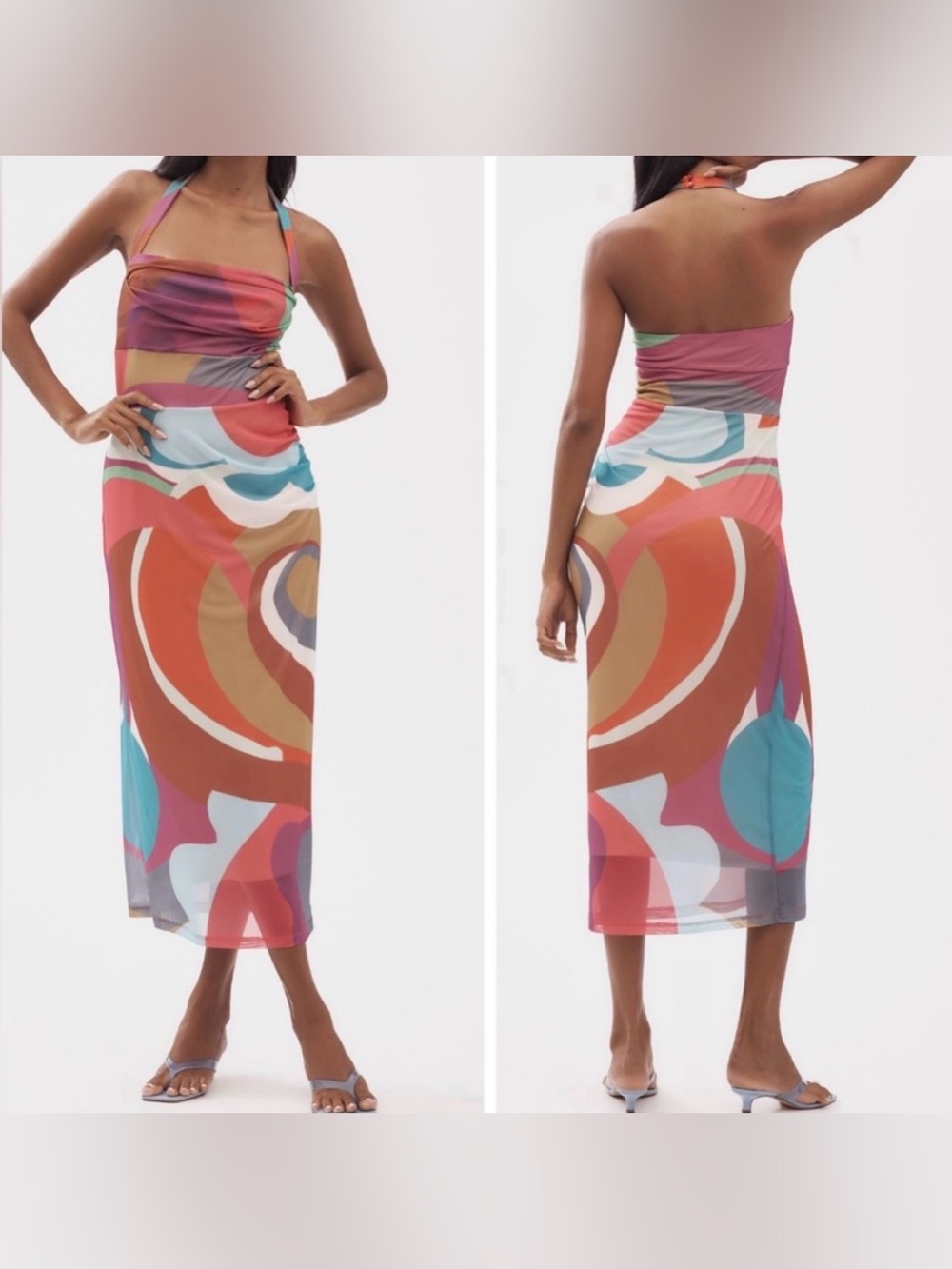 NWT Anthropologie Multi-Color Abstract Print Halter Midi Dress • Size XL